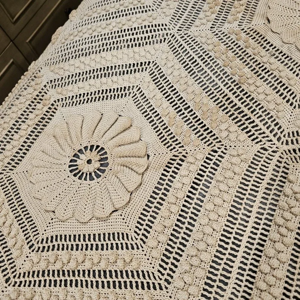 Vintage Cream 3d‎ Popcorn Sunflower Crochet Afghan Blanket King 96x104 He…